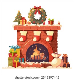 A brick fireplace decorated for Christmas.