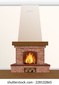 chimenea de ladrillo con fuego y leña
