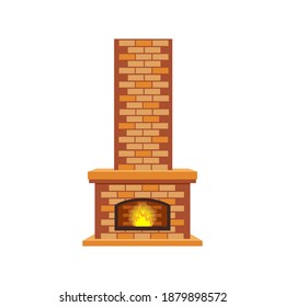 Brick fireplace with fire isolated on white background. Vector stock illustration.