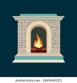 Brick fireplace with flame and firewood. Vector illustration.