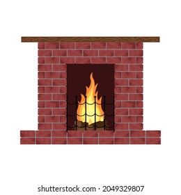 Brick fireplace with flame isolated. Object element on white background. Vector illustration.