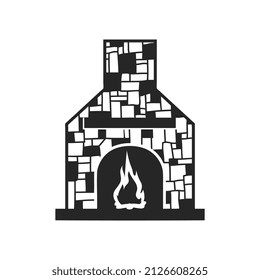 Brick fireplace icon, black and white vector illustration isolated on white background. Retro chimney silhouette with fire flame. Concept of natural heating and cozy interior element.
