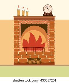  Brick fireplace with old clocks and candles in the interior in a flat style vector illustration. Elements of home design. Fireplace brick in interior.