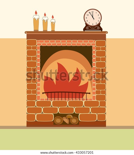 Brick Fireplace Old Clocks Candles Interior Stock Vector Royalty