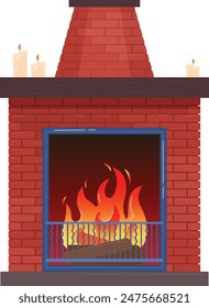 Brick fireplace warm hearth cozy setting isolated white background vector illustration burning logs flames cozy atmosphere household candles warming decorative holiday season winter design heating