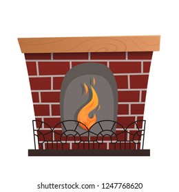 Brick fireplace with a wooden shelf, patterned fence and fire in cartoon style. Vector illustration.