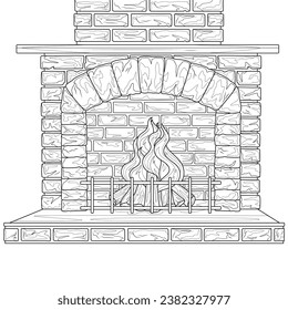 
Brick fireplace.Coloring book for children and adults.Black and white illustration on a white background. Hand draw