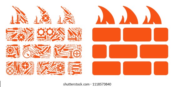 Brick firewall collage of service tools. Vector brick firewall icon is composed with gearwheels, spanners and other technical items. Concept of tuning service.