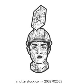 Ziegelsteine, die auf dem Kopf des Arbeitnehmers fliegen, in Helmskizze gravierende Vektorgrafik. T-Shirt Bekleidungsdesign. Scratch-Board-Imitation. Schwarz-Weiß, handgezeichnet.