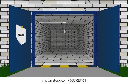 brick garage with hanging light bulb inside and open the metal gate