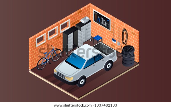 Brick garage\
interior banner. Isometric illustration of brick garage interior\
vector banner for web\
design