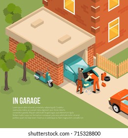 Brick garage outside view with men near car, scooter, house with fence, green trees isometric vector illustration