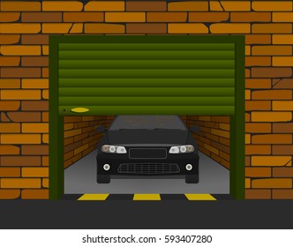 brick garage with sectional doors open in perspective with the car inside