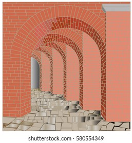 Brick hallway with arches and columns