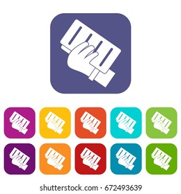 Brick in a hand icons set vector illustration in flat style In colors red, blue, green and other