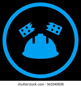 Brick Helmet Accident vector icon. Style is flat circled symbol, blue color, rounded angles, black background.