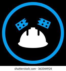 Brick Helmet Accident vector icon. Style is bicolor flat circled symbol, blue and white colors, rounded angles, black background.