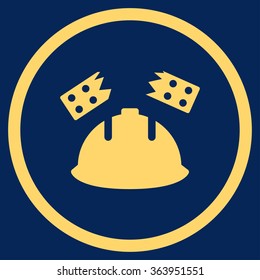 Brick Helmet Accident vector icon. Style is flat circled symbol, yellow color, rounded angles, blue background.