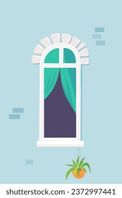 Fachada de ladrillo con ilustración vectorial de ventana abierta. Casa de caricaturas con cortinas en el exterior del edificio de la ciudad. La planta está en el umbral de la ventana.