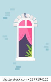 Brick home facade with open window vector illustration. Cartoon house apartments with curtains in city building exterior. Bird is sitting on the window. Flower is on the windowsill.