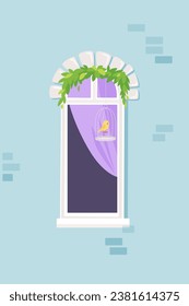 Brick home facade with open window vector illustration. Cartoon house apartments with curtains in city building exterior. Bird is sitting on the window.