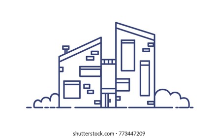 Brick house built using ecological materials. Modern city building drawn with blue contour lines on white background. Contemporary sustainable architecture. Vector illustration in lineart style.