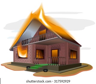 Brick house burns. Cottage fire. Vacation home. Property insurance. Illustration in vector format