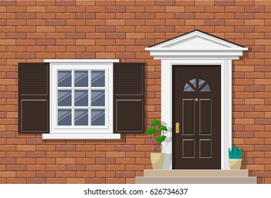 brick house exterior with porch front door window and potted plants