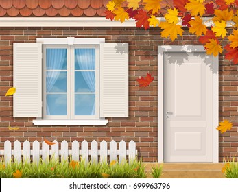 The brick house facade with dooryard in the autumn season. Maple tree branch with fallen leaves. Vector realistic illustration.