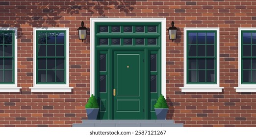 brick house facade with green door and windows potted plants exterior front view vector illustration