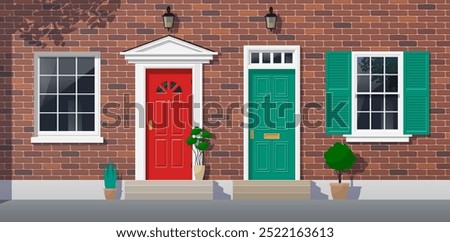 brick house facade with two doors and windows duplex apartments exterior vector illustration