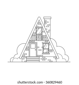 Brick house. Flat line vector architecture design. Outlined stroke icon. For poster, flyer, web, banner, header, motion design