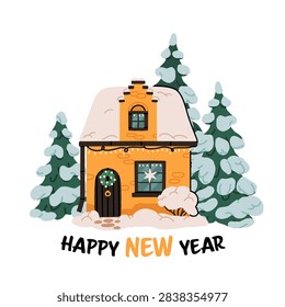 Brick house greeting card with pine trees, wreath, string lights and happy new year lettering. Flat cartoon hand drawn vector illustration.