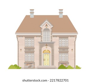 Brick house isolated. Stone mansion with big windows. Flat vector illustration.