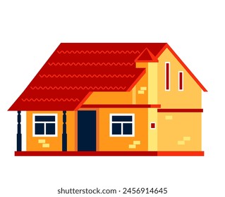 Casa de ladrillo - Imagen aislada de estilo moderno de diseño plano. Ilustración detallada y ordenada de la vivienda familiar tradicional de tipo europeo. Edificio rústico, alquiler de campo, cabaña y idea de descanso de verano