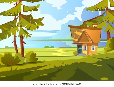 Brick house on lake shore. Summer countryside landscape with river, small cottage, green grass and pine trees. Vector cartoon illustration of nature scene with fisher house