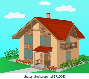 brick house on a lawn on a background of blue sky