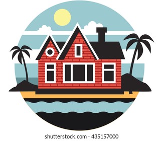 Brick house with palm trees stands in the river during the day