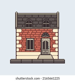 Brick house pixel art. Brickwork cottage, traditional architecture. 8 bit sprite. Game development, mobile app.  Isolated vector illustration.