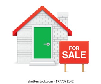 Brick house with FOR SALE banner, isolated on a white background. Real estate trading 3D vector icon.