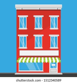 
brick house with a shop and a sign. vector illustration