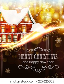 Brick house with snowy roof on sparkling Christmas background