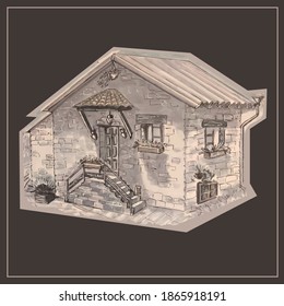 Brick house. Stone dwelling. House in the mountains. Architecture. Vector isolated images.