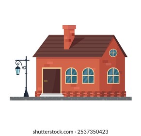 Brick house with street lamp on white background. Vector illustration in cartoon style.