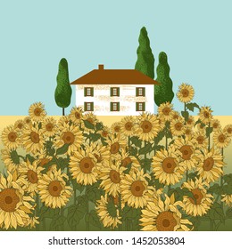 
 Brick house, tall trees and a field of sunflowers in the foreground. Hand-drawn vector 
illustration in vintage style. Color landscape with an old farm.