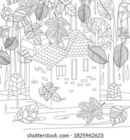 brick house with tile roof surrounded trees, rain, falling leaves  for your coloring book