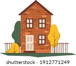 Brick house vector with trees and fence