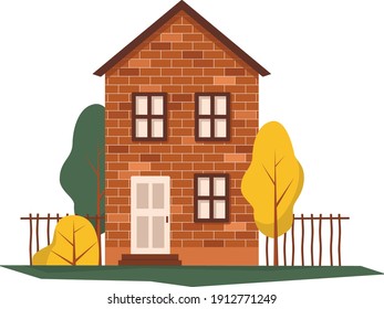 Brick house vector with trees and fence