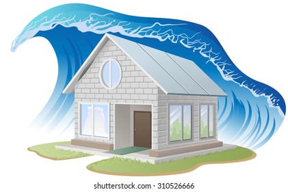 Brick house washes flood. Illustration in vector format
