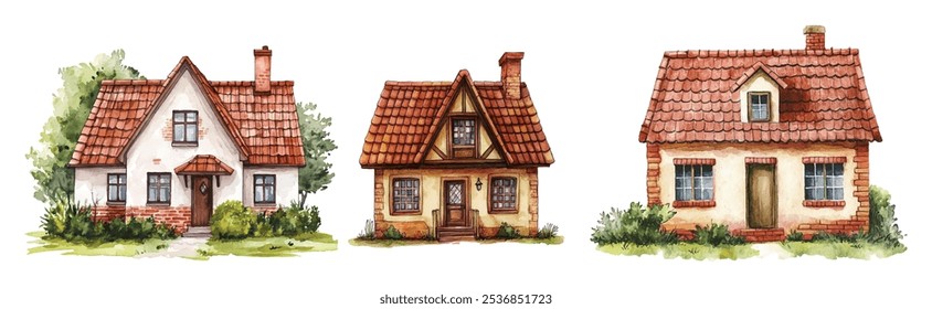 Conjunto de aquarelas para casas de tijolos: Coleção desenhada à mão de casas retrô com telhas vermelhas - Village Vintage Estate Architecture Illustrations on White Background